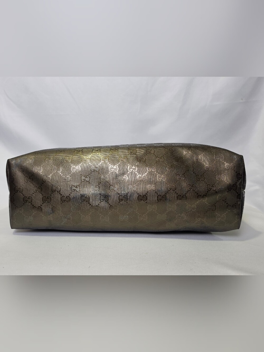Authentic Gucci GG Imprimé coated fabric Leather Metallic Khaki Tote Bag Purse - Picture 8 of 14